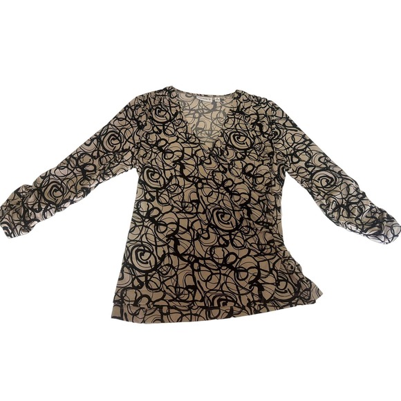 Susan Graver Tops - Women M Beige wrap style blouse water color abstract Susan Graver 3/4 sleeve